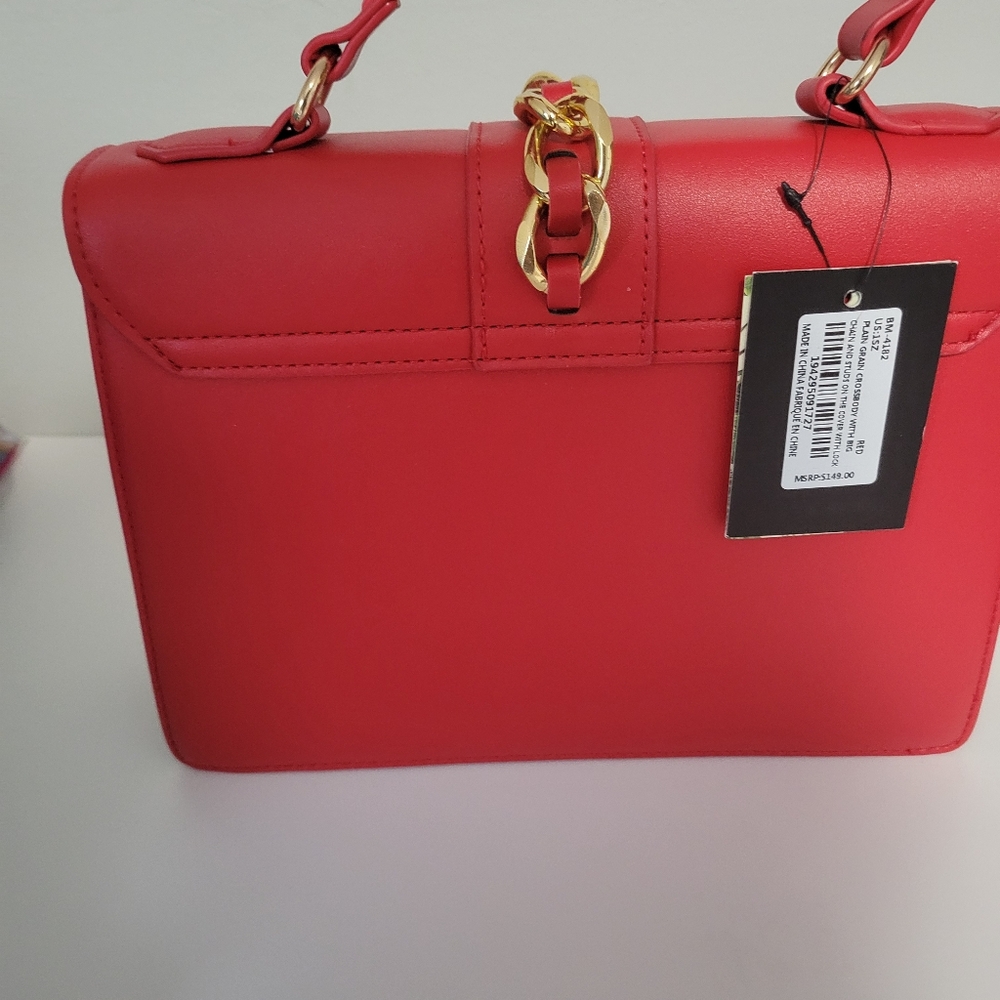 Badgley Mischka Red Top-Handle Crossbody with Gold Chain - Picture 2 of 10